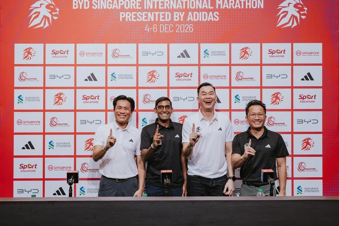 (From left) BYD Singapore MD James Ng, event director Shalindran Sathiyanesan, adidas Singapore MD Chen Rui Yuan, and Sport Singapore deputy chief of industry development group Dean Tan at a press conference on March 17 at the National Stadium.
