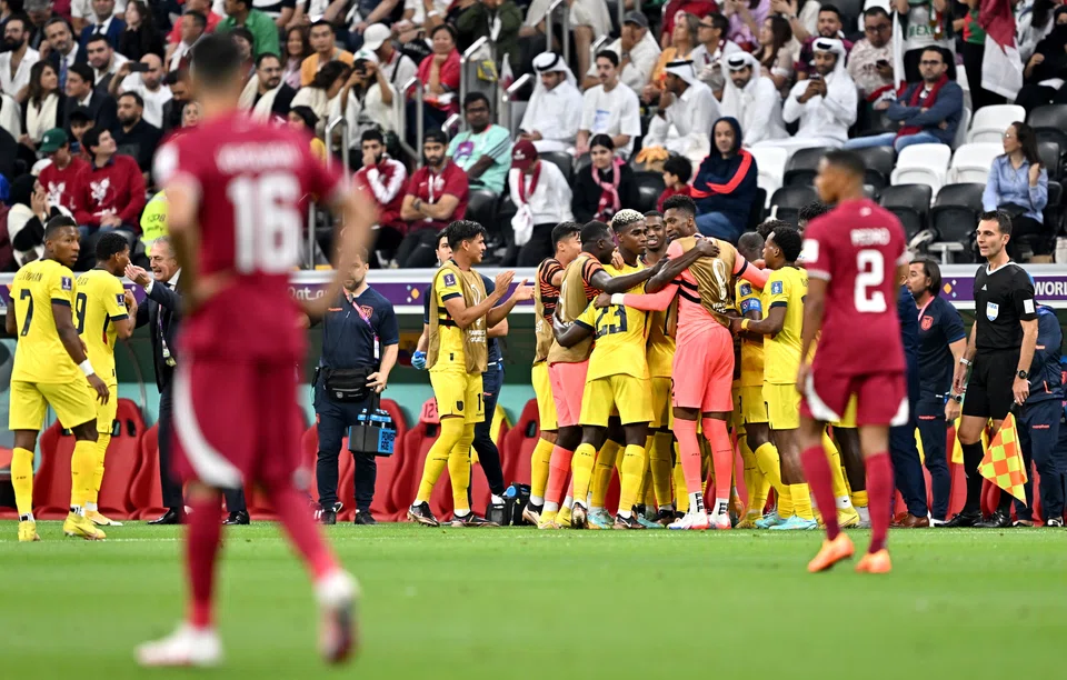 Ecuador players celebrate their 2-0 lead during the Fifa World Cup 2022 match between Qatar and Ecuador at Al Bayt Stadium in Al Khor, Qatar, Nov 20, 2022.  