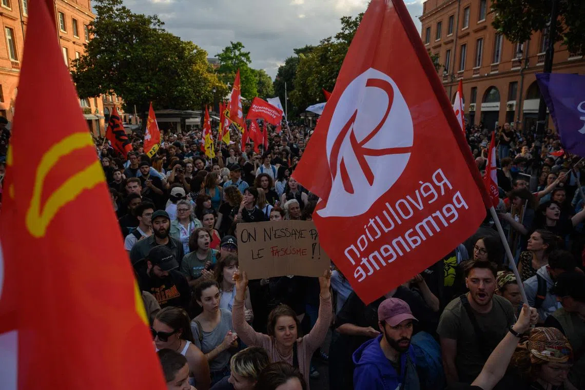 An "anti-fascist" rally in Toulouse, France, on Jun 10, after European parliamentary election results showed a significant swing to the right across the continent.