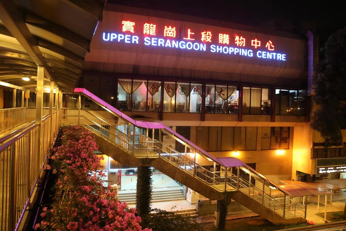 The six-storey Upper Serangoon Shopping Centre comprises two interconnected blocks with eight homes, one office and 164 retail shops.