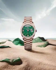 This Oyster Perpetual Day-Date 36 in Everose gold with a green aventurine dial features 32 diamonds on the hour markers.