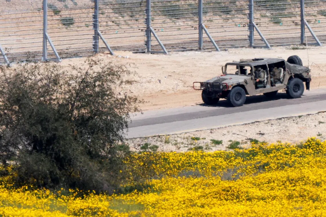 A military vehicle near the Israel-Gaza border, March 13. Palestinian Islamist group Hamas showed a total disregard for the lives of Palestinians, not just Israelis -- it started the conflict on Oct 7 without any warnings, protections or shelters for Palestinian civilians. 