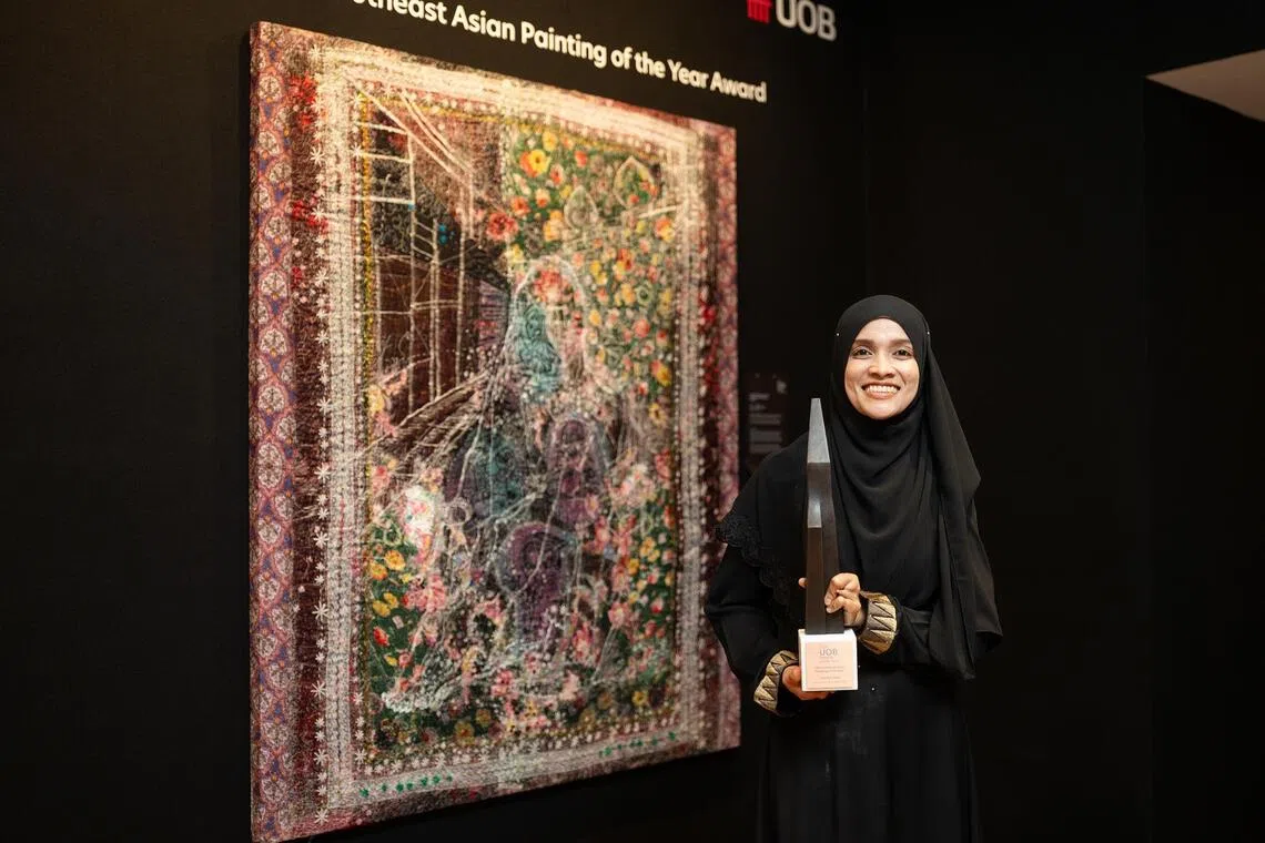Jamilah Haji takes the top prize at UOB Painting of the Year 2025, a competition that runs concurrently in five South-east Asian countries.