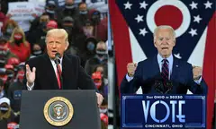 Donald Trump (left) and Joe Biden at campaign events in October 2020. On Apr 25, 2023, Biden announced his bid "to finish the job" with re-election in 2024, plunging at age 80 into a ferocious campaign that could set up a replay of the 2020 election. 