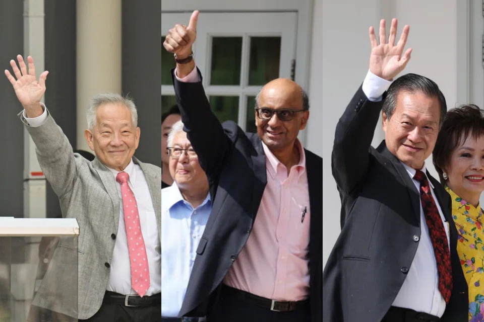 Ex-GIC chief investment officer Ng Kok Song (left), former senior minister Tharman Shanmugaratnam (centre) and former NTUC Income CEO Tan Kin Lian were confirmed as candidates on Tuesday morning.