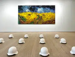 Helmets, drones, stretchers and other symbols of war take centrestage in Ai Weiwei's solo show.