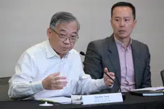 DPM Gan Kim Yong (left) and SBF vice-chairman Mark Lee (standing in for SBF chairman) at the Economic Resilience Task Force press conference.