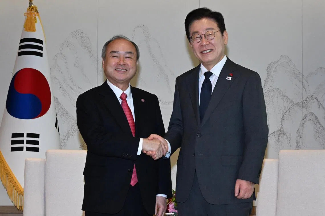 SoftBank’s chief executive officer Masayoshi Son (left), who met with South Korean President Lee Jae Myung on Friday, said that the demand for chips will rise dramatically as AI advances.