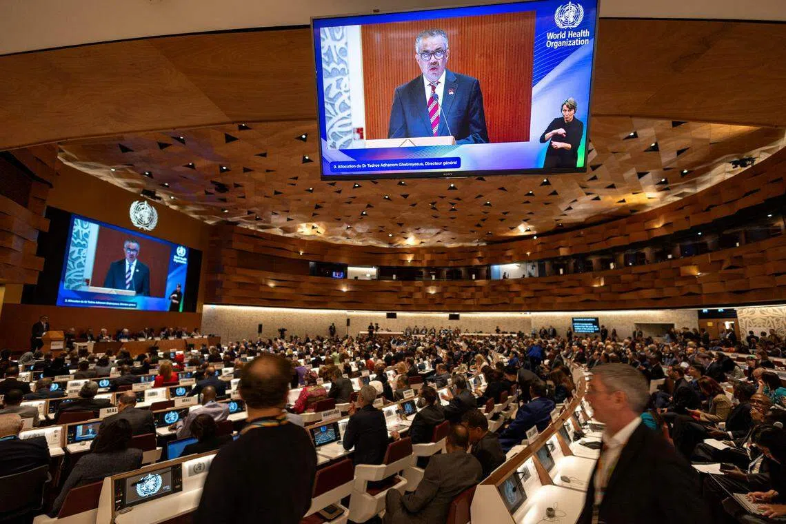 Director-General of the World Health Organisation (WHO) Dr Tedros Adhanom Ghebreyesus opening the World Health Assembly at the United Nations in Geneva.