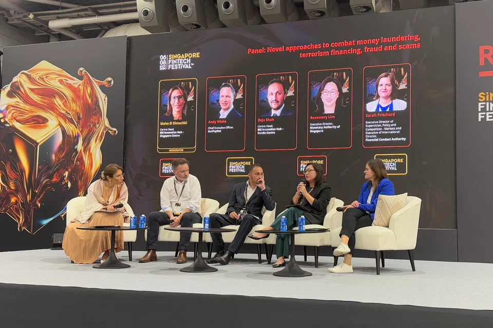 The panellists at the forum titled "Novel Approaches To Combat Money Laundering, Terrorism Financing, Fraud And Scams” at the Singapore Fintech Festival.   