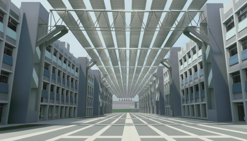 An illustration of a solar overhang structure. The planned photovoltaic system will be built across the spaces between multi-storey industrial buildings.