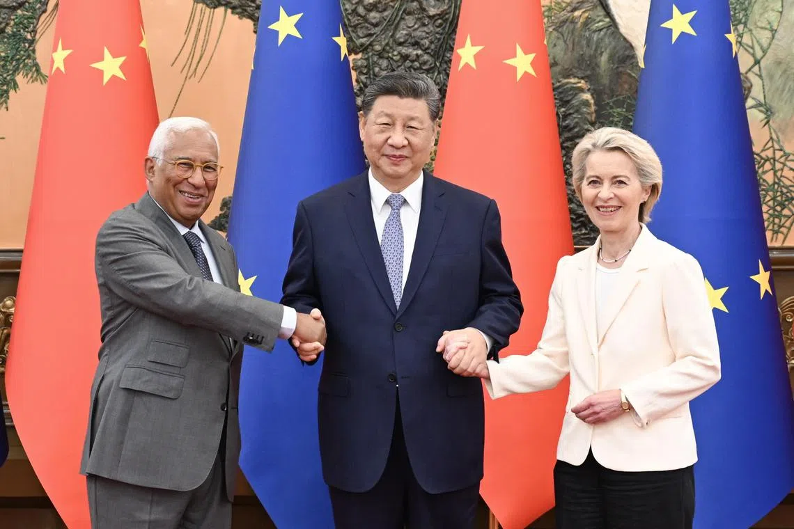 Chinese President Xi Jinping (centre), President of the European Council Antonio Costa (left) and President of the European Commission Ursula von der Leyen at the 25th EU-China Summit in Beijing on Jul 24.