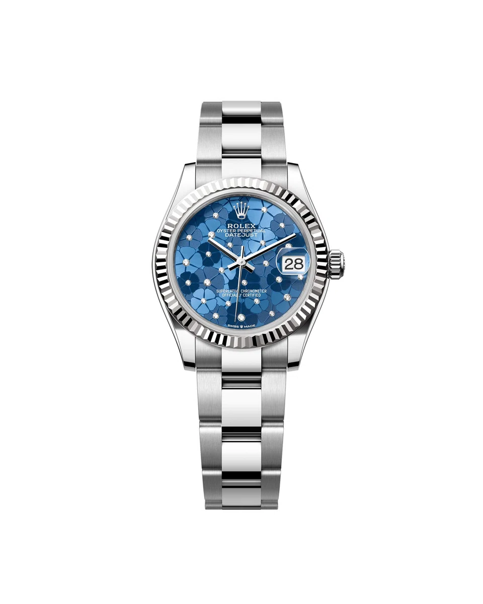The Oyster Perpetual Datejust 31 in Oystersteeel and white gold, with an azzurro-blue floral-motif, diamond-set dial.
