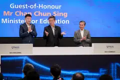 From left: Sea chairman and CEO Forrest Li, Education Minister Chan Chun Sing, and NUS Board of Trustees chairman Hsieh Fu Hua at the opening of Sea Building and Sea Connect.