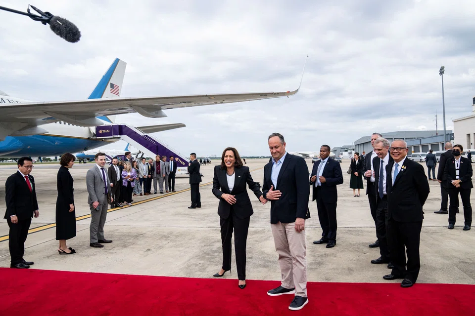 US Vice-President Kamala Harris speaks with members of the press, before departing Don Mueang International Airport for the Philippines, in Bangkok, Thailand, Nov 20, 2022.