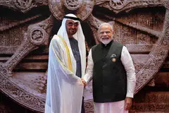 India's Prime Minister Narendra Modi (right) shakes hand with United Arab Emirates President Sheikh Mohamed bin Zayed Al-Nahyan. UAE investments would help Modi highlight his efforts to bolster the economy ahead of the 2024 vote
