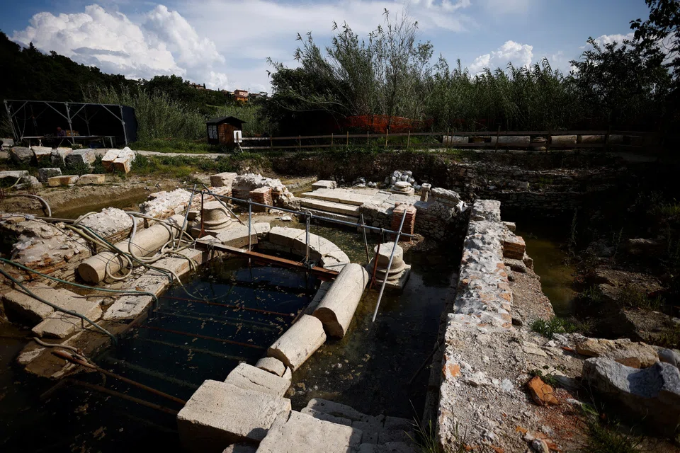 A general view of the ruins of an ancient spa where around 20 Etruscan and Roman bronze statues were discovered in San Casciano dei Bagni, a hilltop village in southern Tuscany still home to popular thermal baths, Italy.