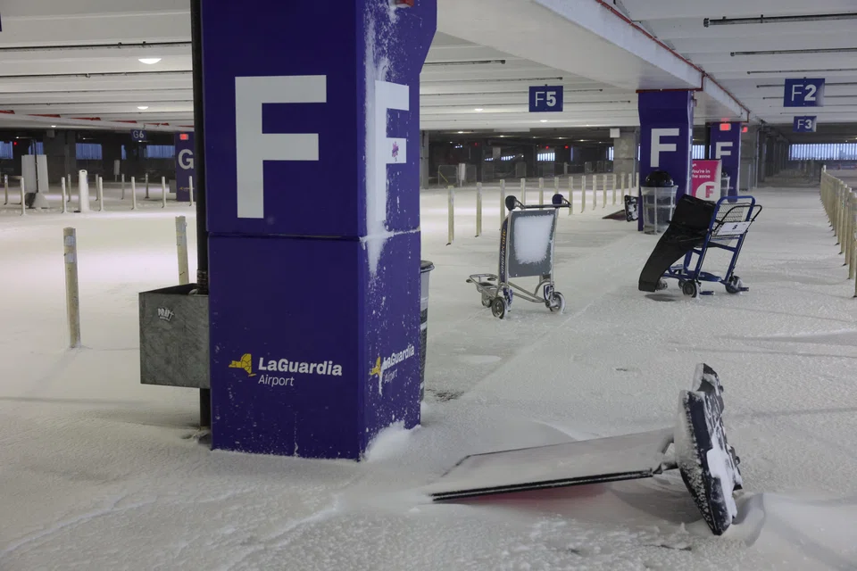 A deserted parking lot during a winter storm at LaGuardia Airport in New York City, US, Feb 23, 2026. 