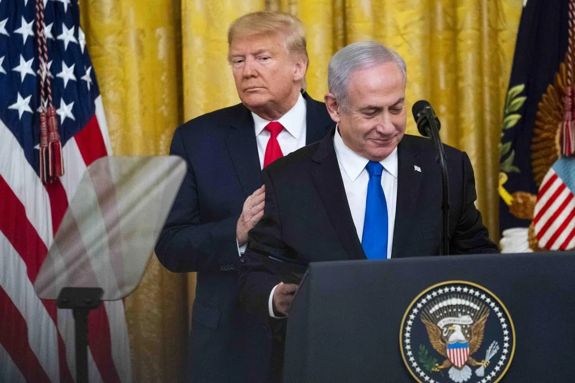 File photo of then-US President Donald Trump (left) with Israeli Prime Minister Benjamin Netanyahu during a joint news conference at the White House, Washington, Jan 28, 2020. The meeting will be their first since the end of Trump’s presidency, during which the two forged close ties, and comes at a time of strains also between Netanyahu and Democratic President Joe Biden over Israel’s war against Hamas militants in Gaza.