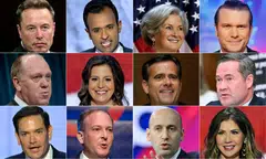(First row from left) Elon Musk, Vivek Ramaswamy, Susie Wiles, Pete Hegseth. (Second row from left) Thomas Homan, Elise Stefanik, John Ratcliffe, Mike Waltz. (From bottom left) Marco Rubio, Lee Zeldin, Stephen Miller, Kristi Noem are all nominees raised by Donald Trump.