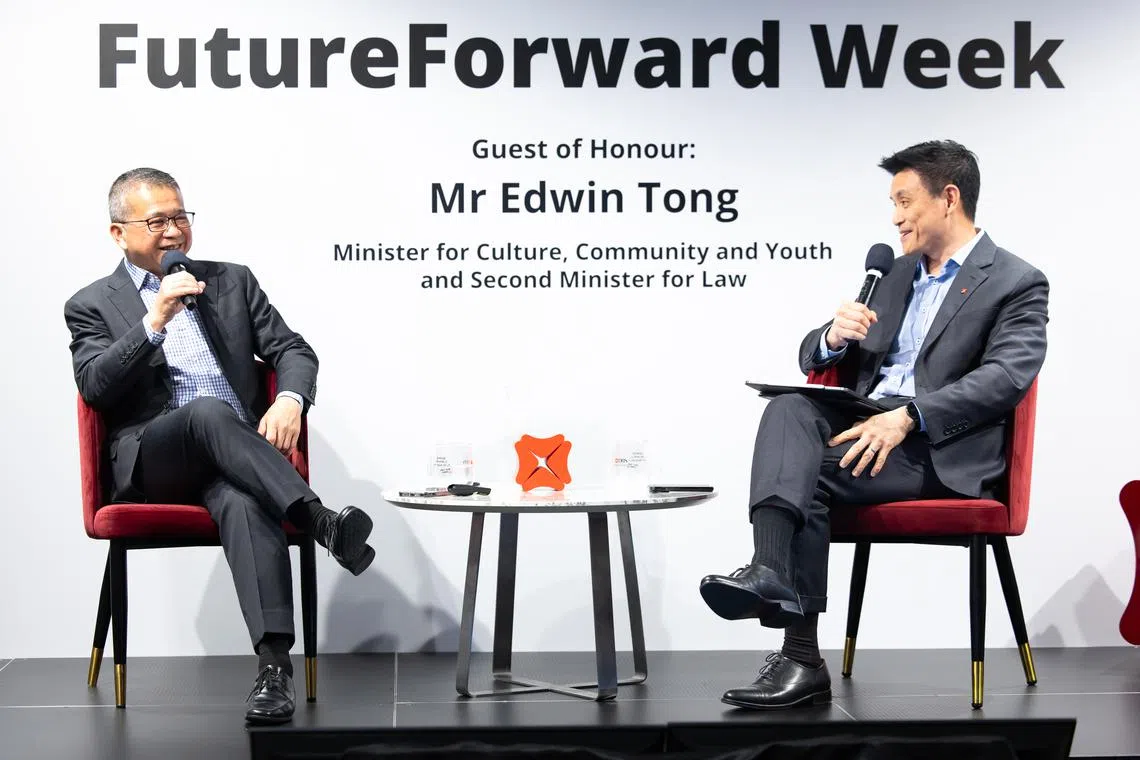 Minister for Culture, Community and Youth and Second Minister for Law Edwin Tong (left) with Han Kwee Juan, DBS Singapore CEO, in a fireside chat at DBS FutureForward Week.