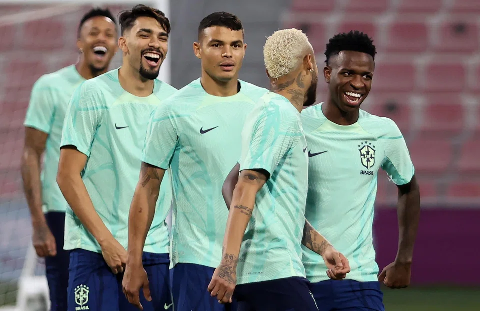 (From left) Brazil's Eder Militao, Lucas Paqueta, Thiago Silva, Neymar Jr. and Vinicius Jr. of Brazil during a training session in Doha, Qatar, Dec 8, 2022. 