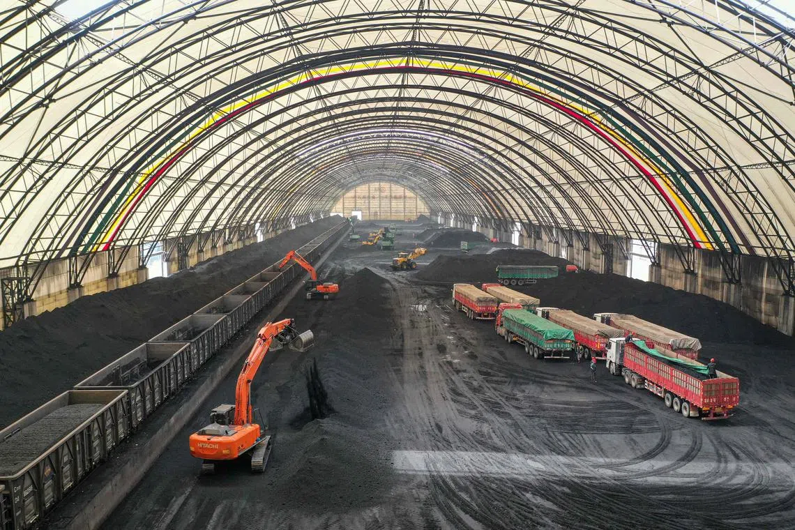 Excavators unloading coal from rail cars into a coal storage facility in Shandong province. Coal accounts for more than half of the electricity generated in China. 