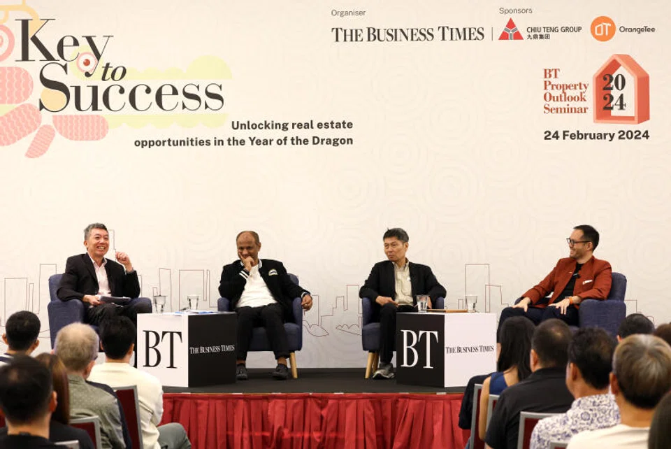 The panel at BT's Property Outlook 2024 (from left): BT senior correspondent Leslie Yee; PropNex Realty's chief executive Ismail Gafoor; executive director for research and consultancy at Savills Singapore Alan Cheong; and OrangeTee & Tie's chief executive Justin Quek.