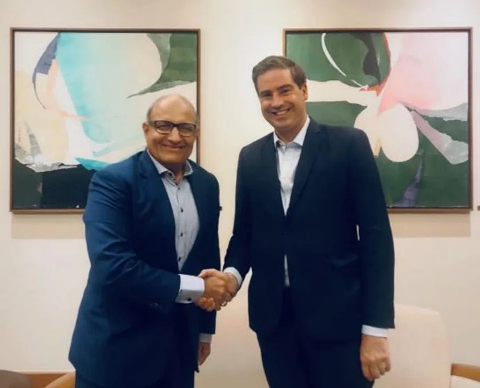French Minister-in-charge of Foreign Trade Olivier Becht (right) met with various Singapore ministers during his recent visit, including Minister-in-charge of Trade Relations S Iswaran.