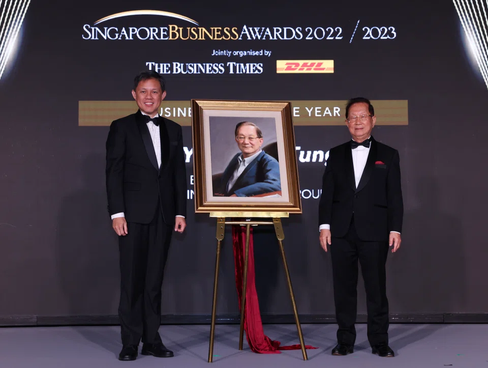 Guest of honour Education Minister Chan Chun Sing (left) with Hi-P International executive chairman Yao Hsiao Tung, who was awarded Businessman of the Year at the 38th Singapore Business Awards. 