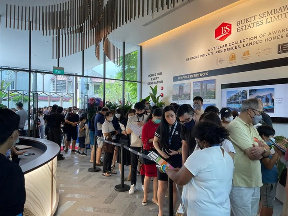 Potential buyers at the preview of Bukit Sembawang Estates' Liv @ MB. The company has reported a 14.5 per cent fall in revenue to S$76.5 million for the half year ended Mar 31, 2023.