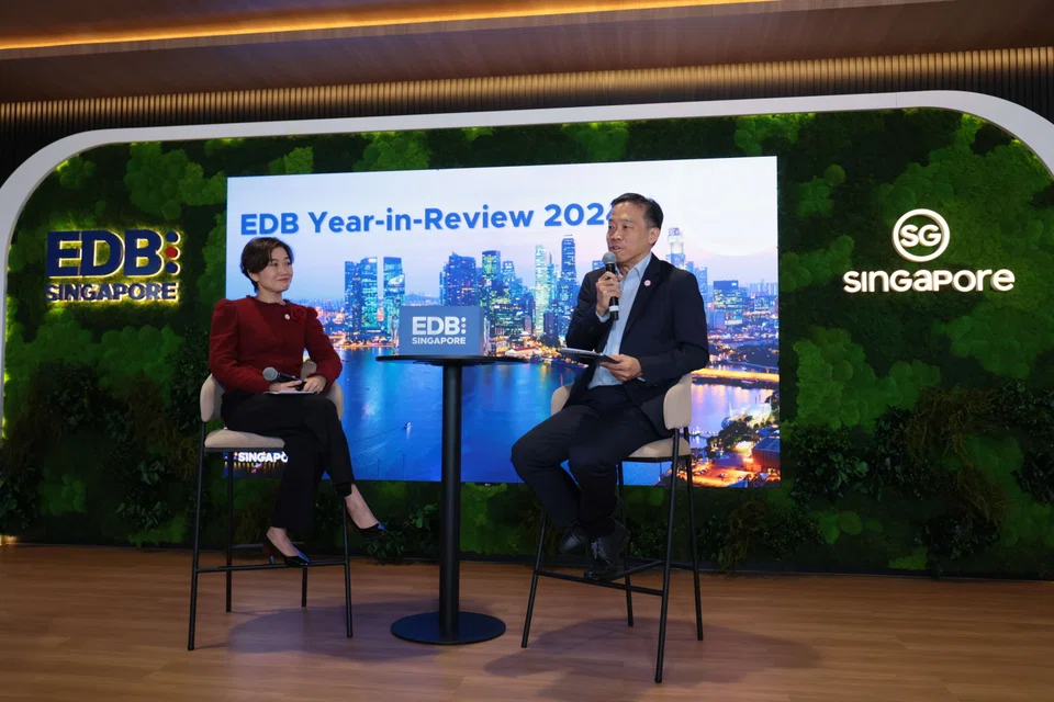 EDB managing director Jacqueline Poh (left) and chairman Png Cheong Boon at the agency's annual year in review. Poh says 2024 was a challenging year as the external operating environment became increasingly complex, even as businesses benefited from falling interest rates.