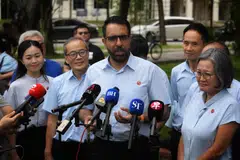 WP chief Pritam Singh giving a doorstop after Nomination Day at Poi Ching School. 