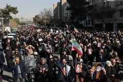 Demonstrators attend an anti-Israeli and US rally after Friday prayer, amid the US-Israeli conflict with Iran, in Teheran on Mar 6.