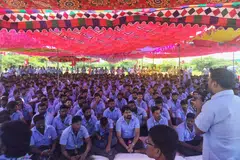 Workers of a Samsung facility listen to a speaker during a strike to demand higher wages at its Sriperumbudur plant near the city of Chennai, India.