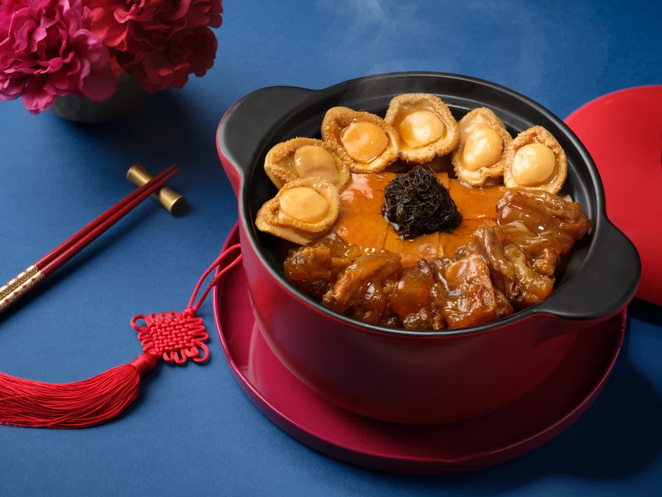 Opulent Treasure Pot (from S$238) filled with abalone, deer sinew and braised pork belly.