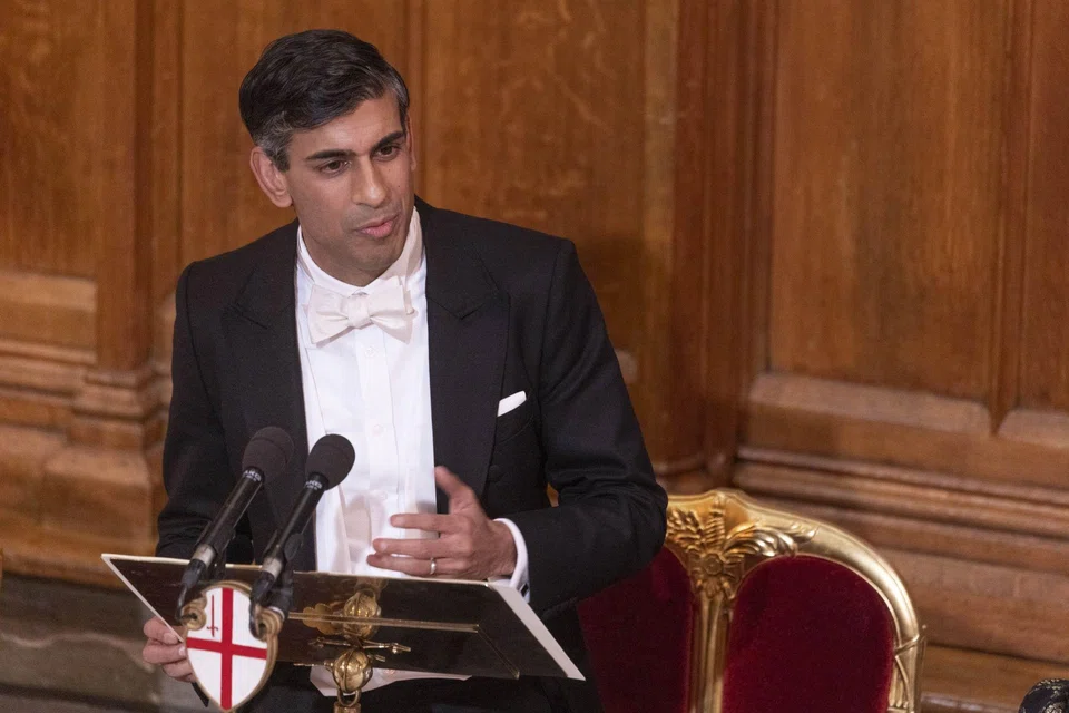 UK prime minister Rishi Sunak speaks at the Lord Mayor's Banquet at the Guildhall in London, UK, on Nov 28, 2022.
