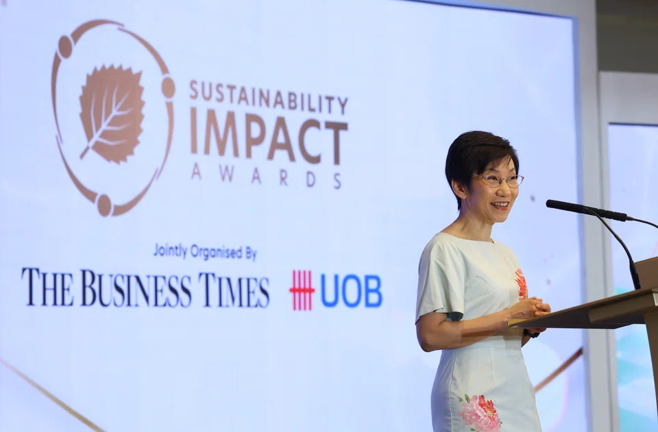 Minister for Sustainability and the Environment Grace Fu speaking at the Sustainability Impact Awards ceremony last year. 