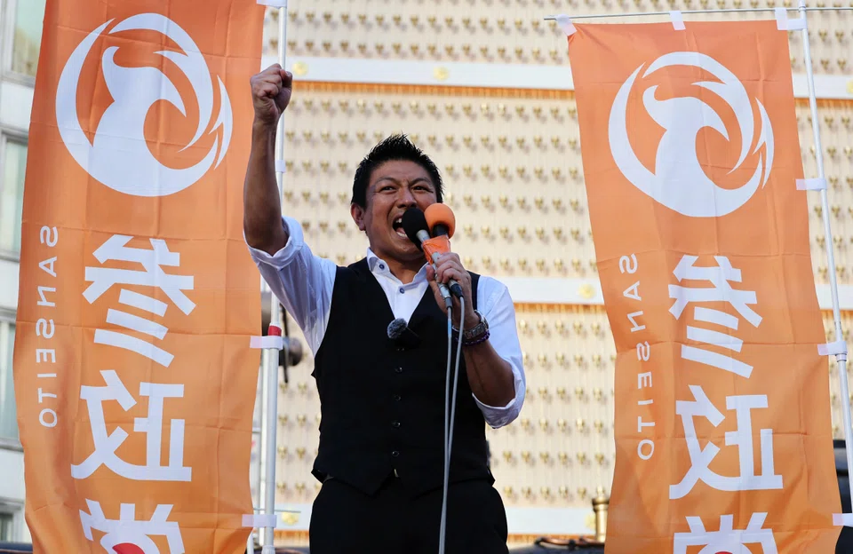 Japan's Sanseito party leader Sohei Kamiya delivers a speech a day after the upper house election, Tokyo, Japan, July 21, 2025.