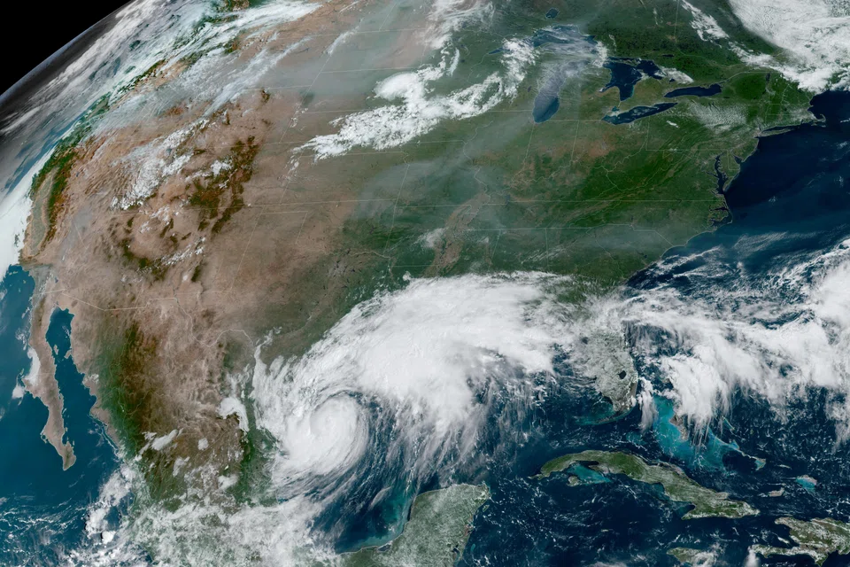 A composite satellite image shows Tropical Storm Francine intensifying and on track to become a hurricane before its expected landfall on the US Gulf Coast, in the Gulf of Mexico, Sept 10, 2024.    