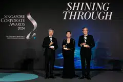 Gold winners of the Best Managed Board Award at the SCA 2024. Representing the companies are from left: Lim See Wah, CEO of Hyphens Pharma International (small-cap); Euleen Goh, immediate past chair of Sats (large-cap); and Stephen Ho, executive director and CEO of Hong Leong Asia (mid-cap).