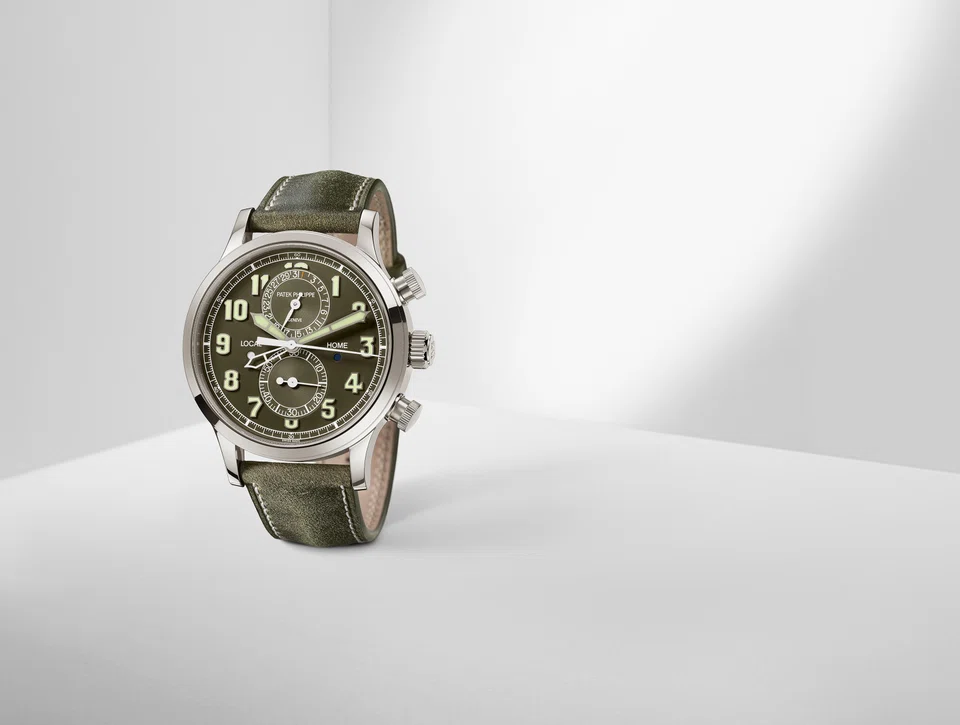 The Ref 5924G-010 Pilot Chronograph doubles as a travel watch with its two-time-zone mechanism.