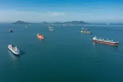 Cargo ships wait in the anchor zone to cross the Panama Canal from the Pacific entrance near Panama City, Panama, on Sept 1, 2023. Ships have been waiting for days as the congestion to cross from both sides  increase due to the intense droughts in the country.