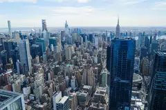 The Midtown Manhattan skyline is seen from the 'The Edge' observation deck in New York City on April 8. The former Le Penthouse joins a handful of notable properties that have been connected to bankruptcy in recent years. 
