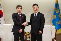 The announcements were made on Wednesday after OpenAI CEO Sam Altman met South Korean President Lee Jae-myung (right) at the presidential office in central Seoul.
