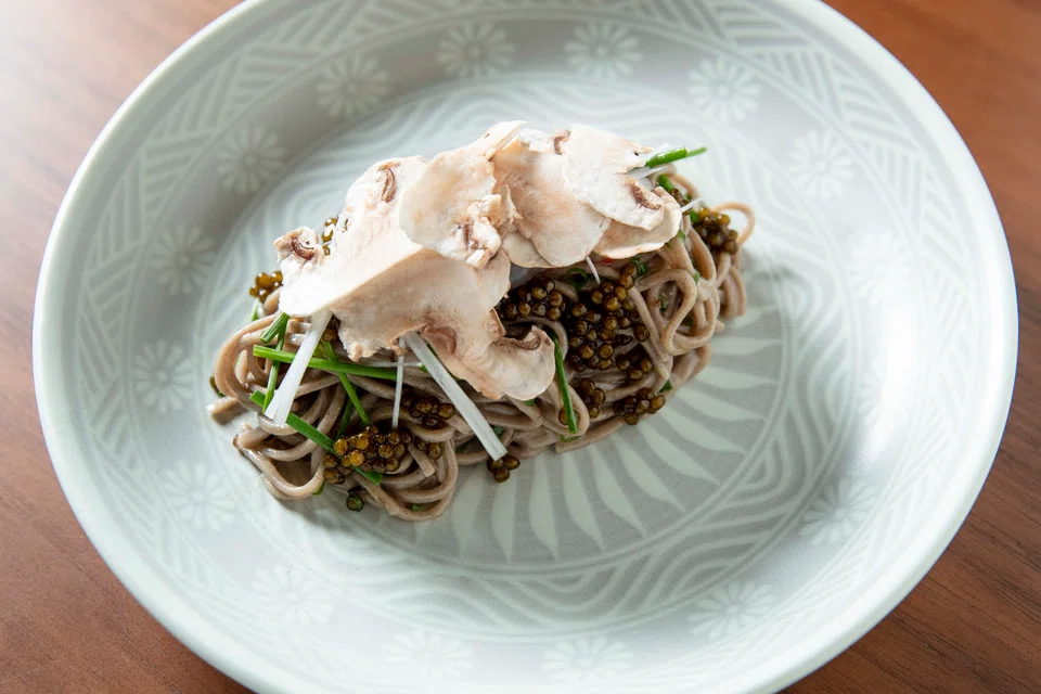 Wakuda's Cold Soba with Truffles, Botan Shrimp, Shaved  Mushroom, Caviar