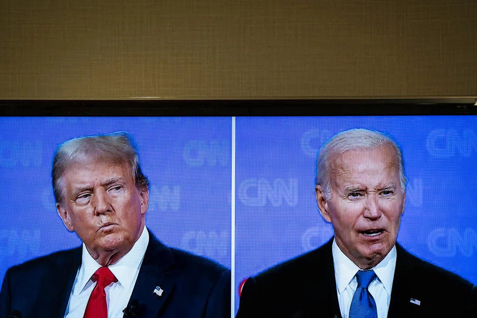 Donald Trump and Joe Biden participate in the first debate of the 2024 US Presidential election in Washington, D.C., June 27, 2024. 