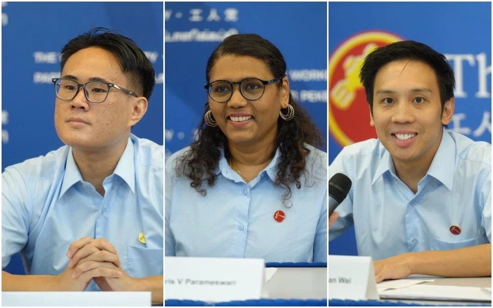 The Workers' Party introduced three new candidates on Apr 20: (from left) Jackson Au, Paris Parameswari, and Michael Thng.