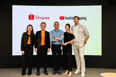 At the launch of the YouTube Shopping Affiliate Programme were (from left) Geraldine Ho, head of marketing for Shopee Singapore; Chua Kel Jin, director of Shopee Singapore; Ajay Vidyasagar, regional director of YouTube Apac; Mongchin Yeoh, social media influencer and YouTuber; and Niclas Hildebrand, vice-president of consumer products of Zenyum.