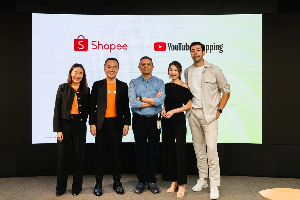 At the launch of the YouTube Shopping Affiliate Programme were (from left) Geraldine Ho, head of marketing for Shopee Singapore; Chua Kel Jin, director of Shopee Singapore; Ajay Vidyasagar, regional director of YouTube Apac; Mongchin Yeoh, social media influencer and YouTuber; and Niclas Hildebrand, vice-president of consumer products of Zenyum.